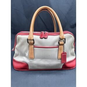 Coach Satchel Bag Medium Beige Canvas Red Leather Top Handle Purse Sample Preppy